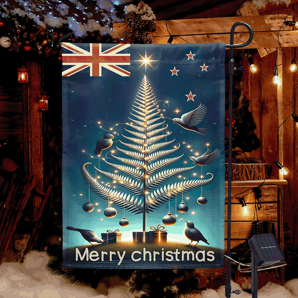 Kiwi Birds Silver Fern Christmas In New Zealand Solar LED Garden Flag TPT1341SF