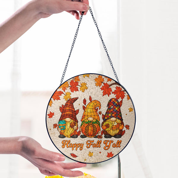 Happy Fall Y'all Gnome Autumn Stained Glass Suncatcher – Handmade Colorful Pumpkin & Leaf Window Decor, Perfect Cozy Thanksgiving Gift
