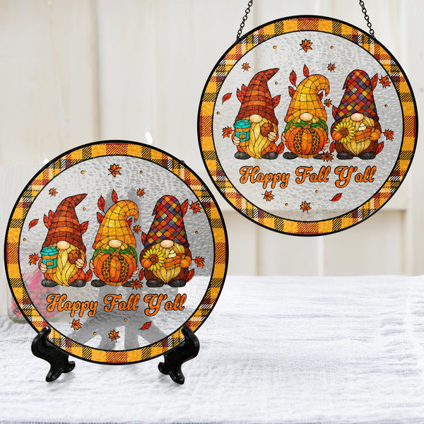 Happy Fall Y'all Gnomes Pumpkin Autumn Thanksgiving Stained Glass Suncatcher