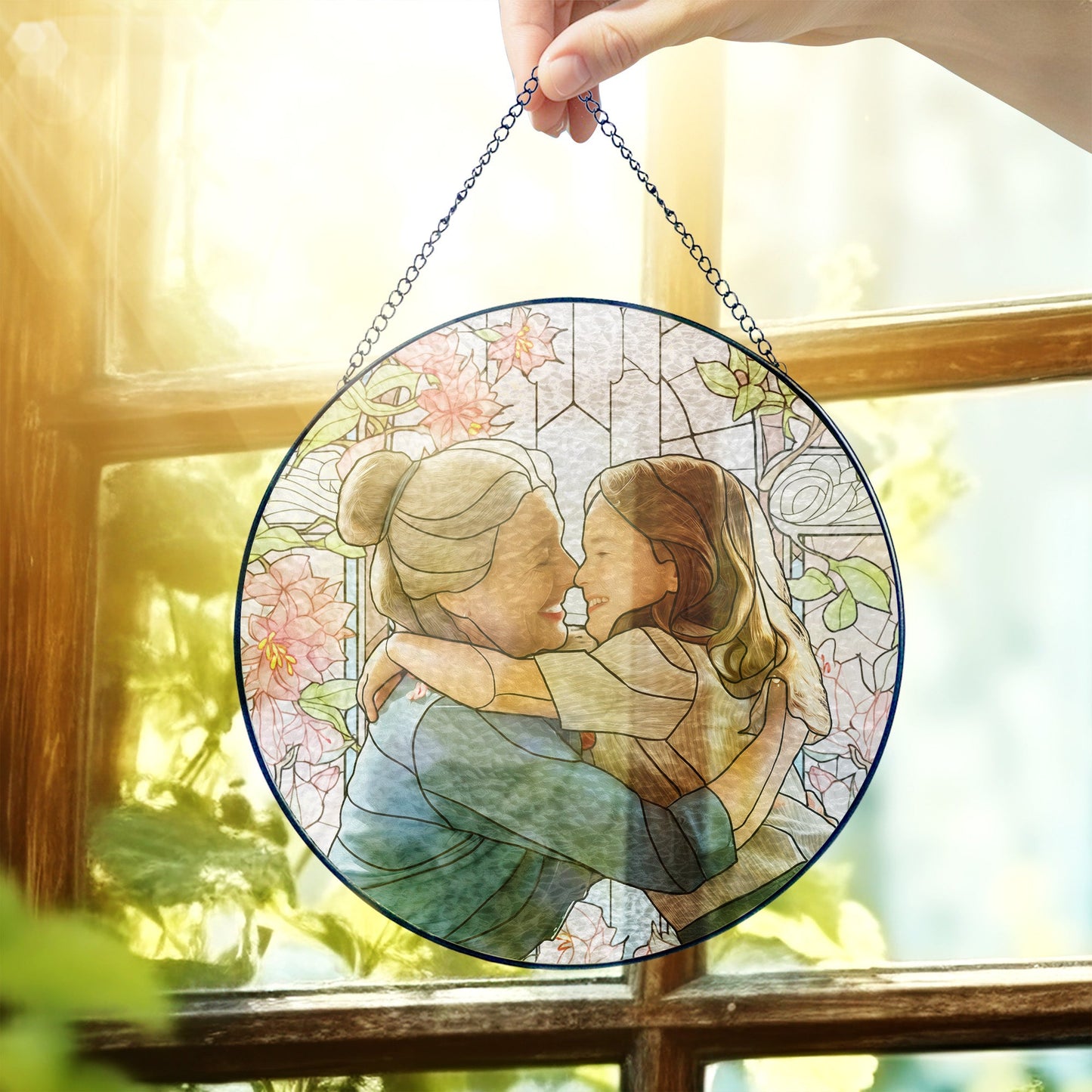 Personalized Grandma And Grandkids Custom Photo Mother's Day Stained Glass Suncatcher TQN4560BQT