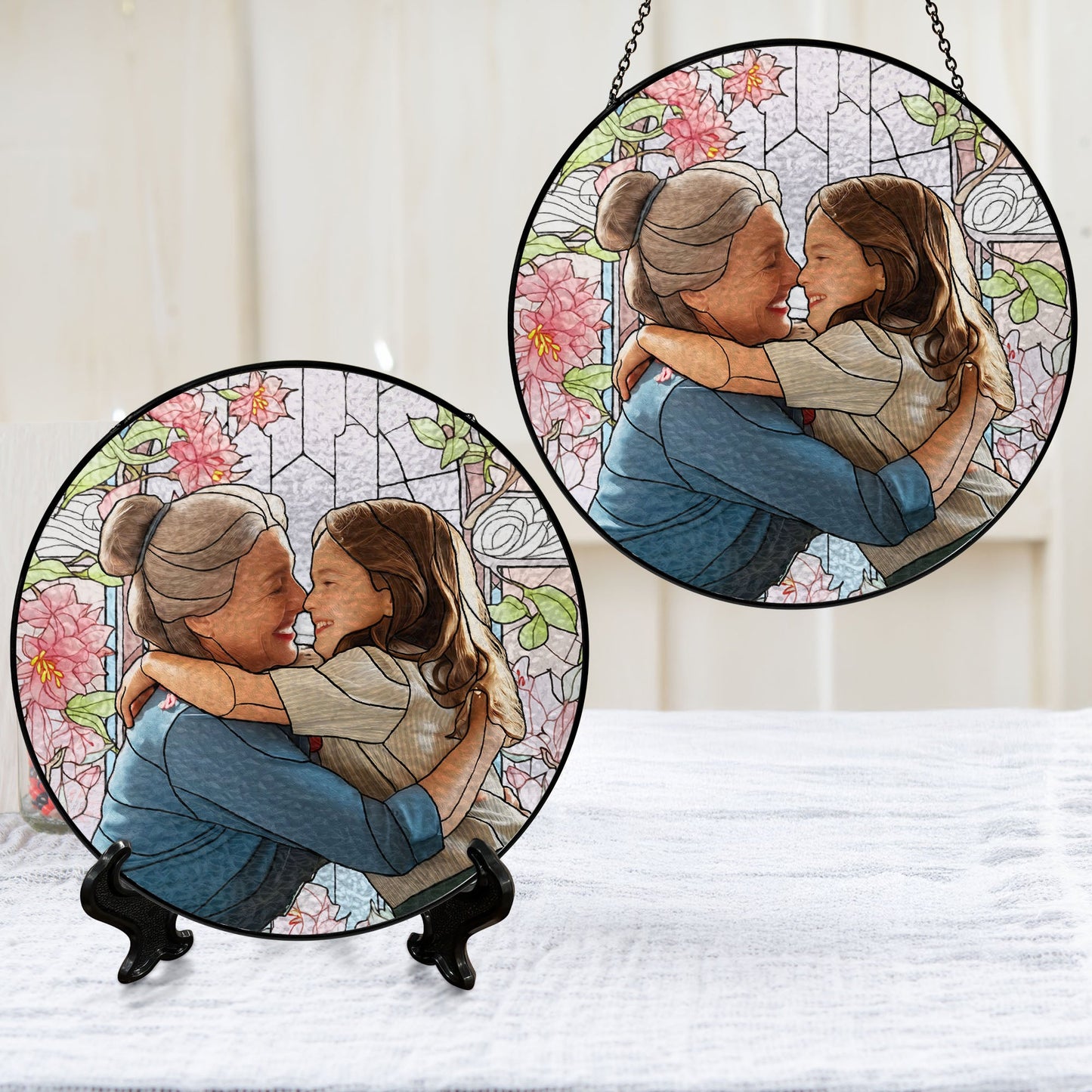 Personalized Grandma And Grandkids Custom Photo Mother's Day Stained Glass Suncatcher TQN4560BQT