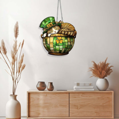 St. Patrick's Day Cat in Lucky Clover Pot Suncatcher Acrylic Hanging Sign MLN4770AS