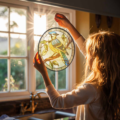 Blue Jay Birdwatching Stained Glass Suncatcher TQN5087TTH