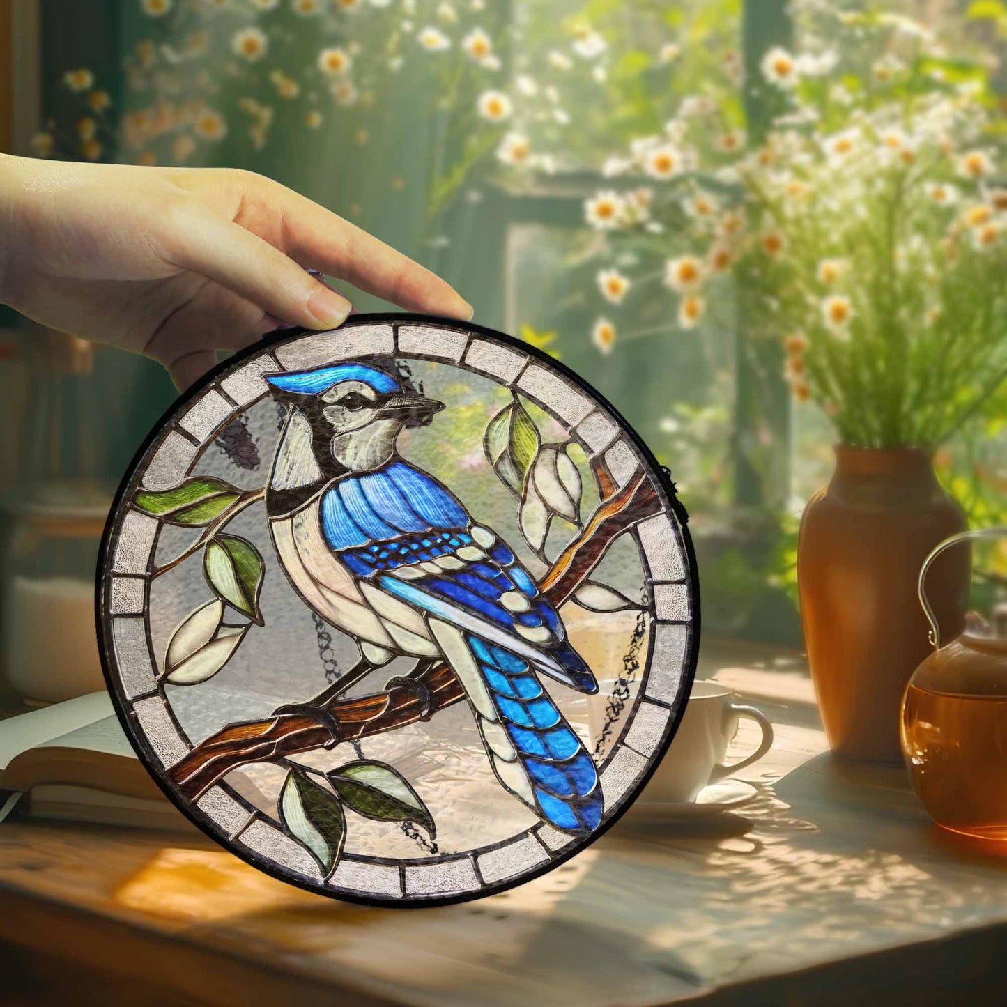 Blue Jay Birdwatching Stained Glass Suncatcher TQN5087TTH