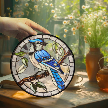 Blue Jay Birdwatching Stained Glass Suncatcher TQN5087TTH
