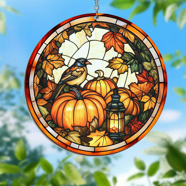 Fall Pumpkins Thanksgiving Halloween 2 Layered Hanging Suncatcher MLN3868WH