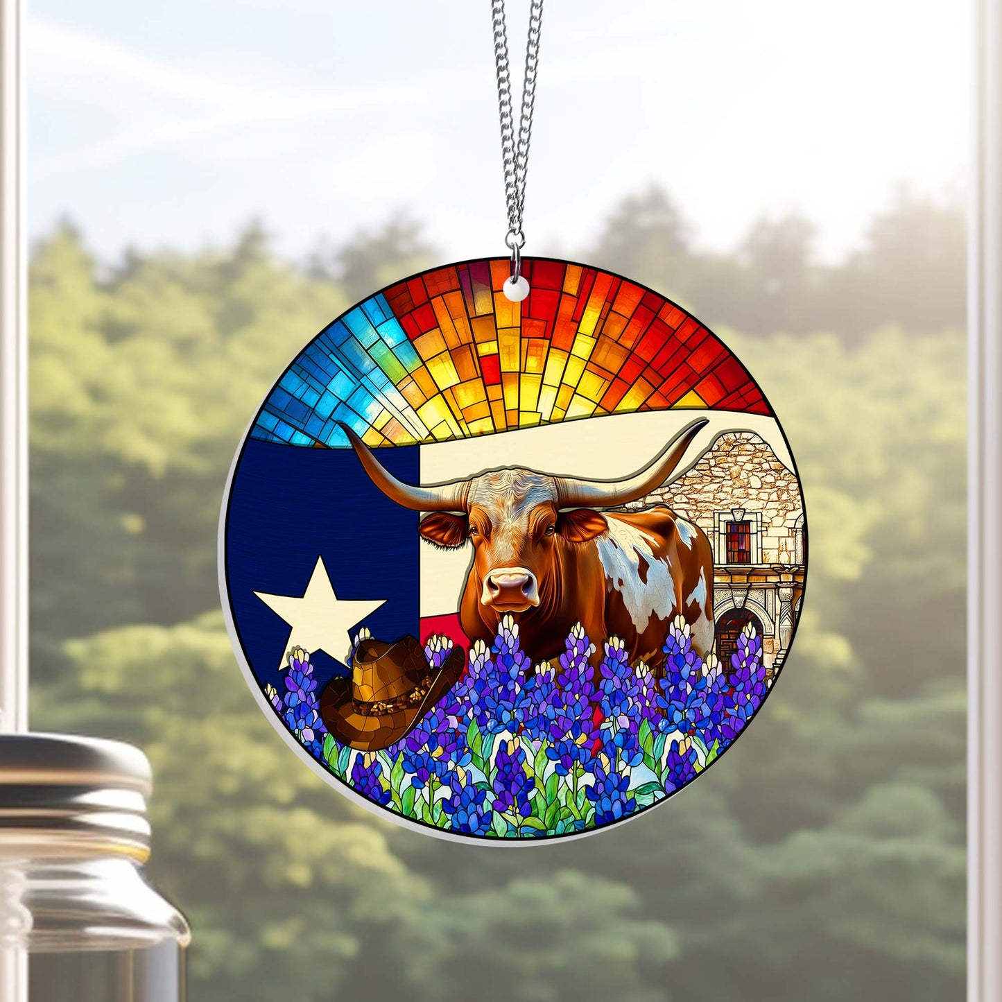 Texas Suncatcher – 1 Layer Window Hanging Home Decor with Texas Longhorn and Bluebonnet