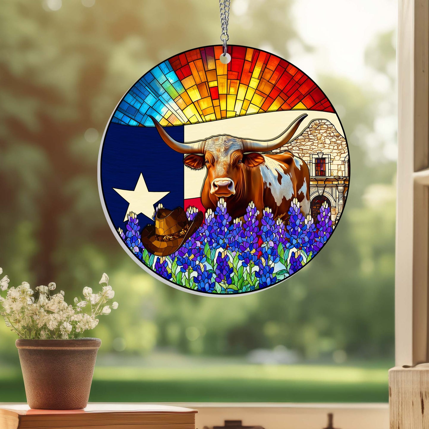 Texas Suncatcher – 1 Layer Window Hanging Home Decor with Texas Longhorn and Bluebonnet