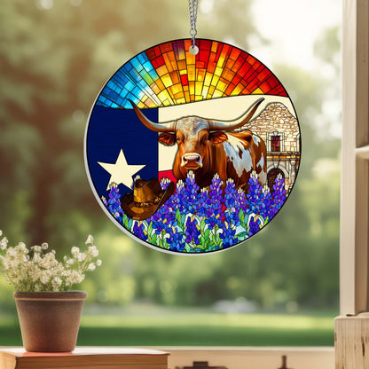 Texas Suncatcher – 1 Layer Window Hanging Home Decor with Texas Longhorn and Bluebonnet