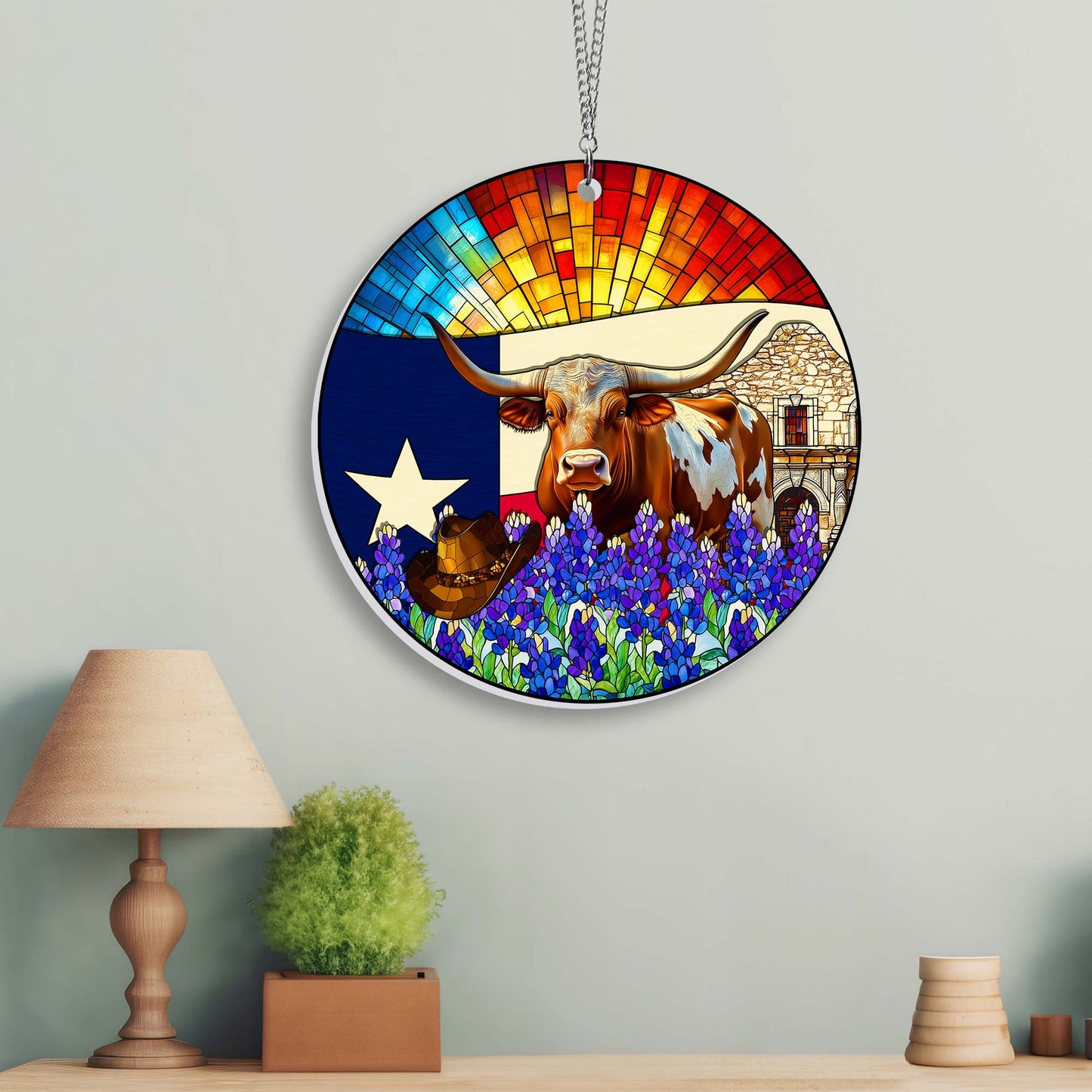 Texas Suncatcher – 1 Layer Window Hanging Home Decor with Texas Longhorn and Bluebonnet