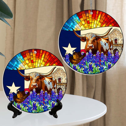 Texas Suncatcher – 1 Layer Window Hanging Home Decor with Texas Longhorn and Bluebonnet