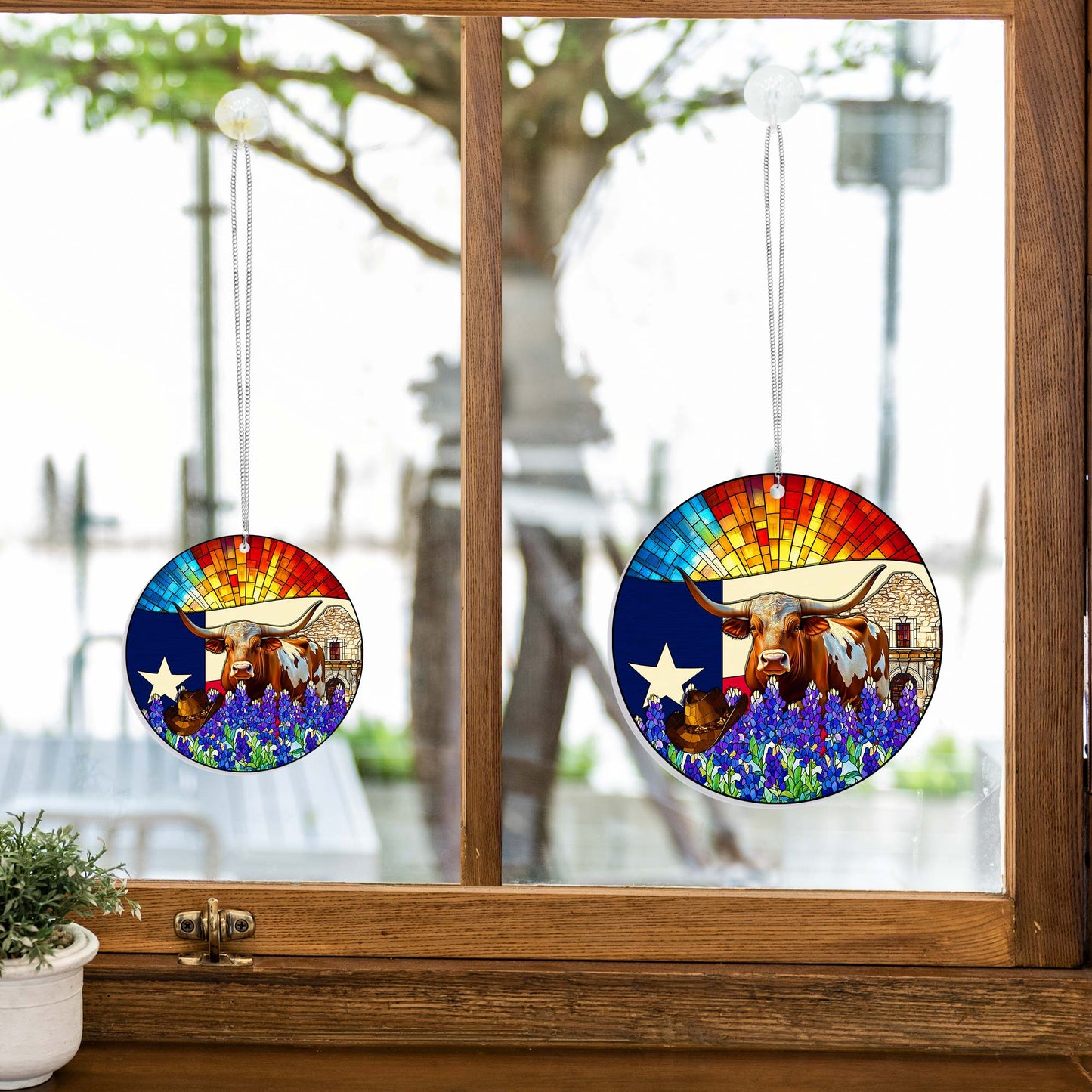 Texas Suncatcher – 1 Layer Window Hanging Home Decor with Texas Longhorn and Bluebonnet