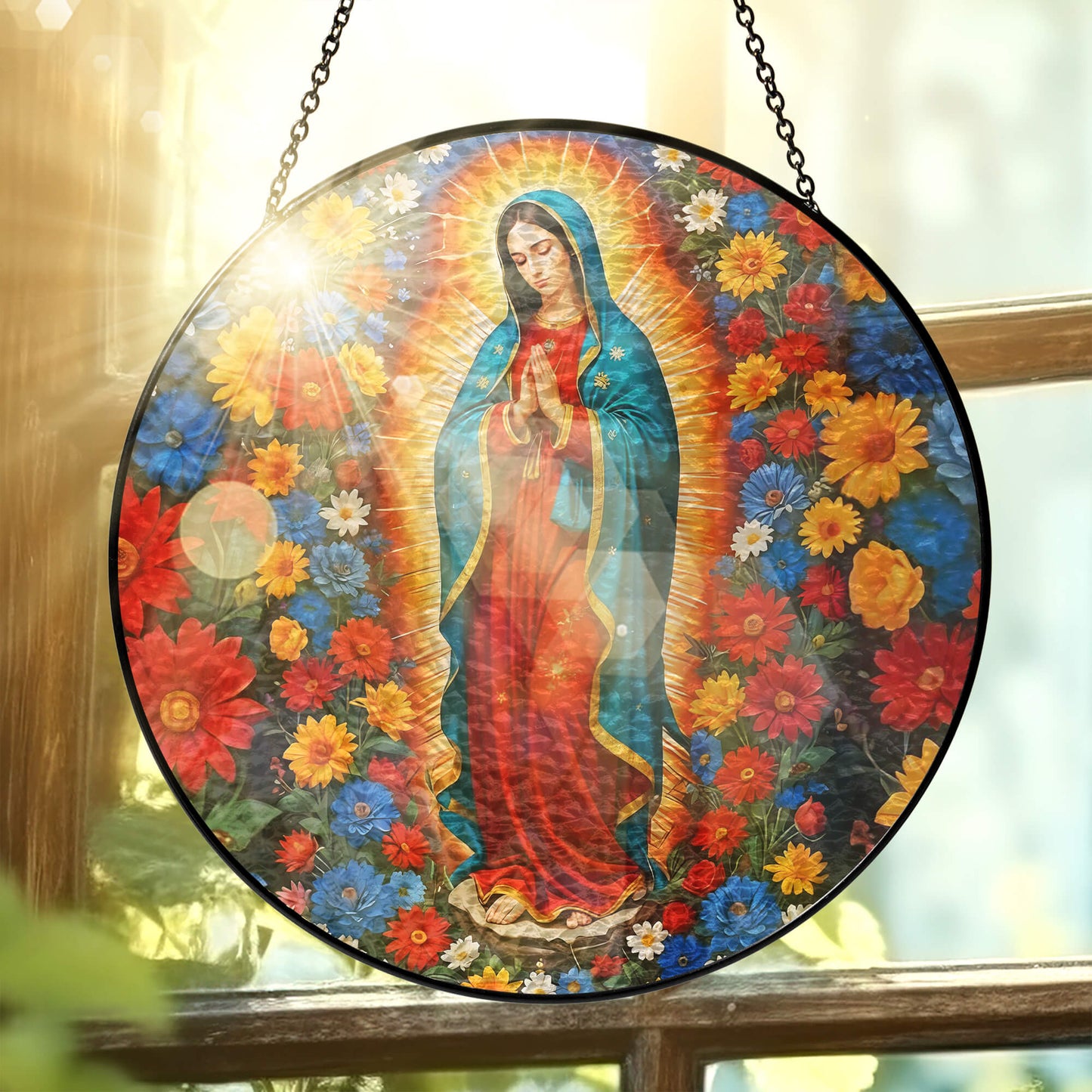 Stained Glass Suncatcher - Mary Christian Religious Hanging Ornament for Spiritual Home Garden Decor