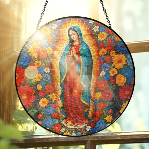 Stained Glass Suncatcher - Mary Christian Religious Hanging Ornament for Spiritual Home Garden Decor