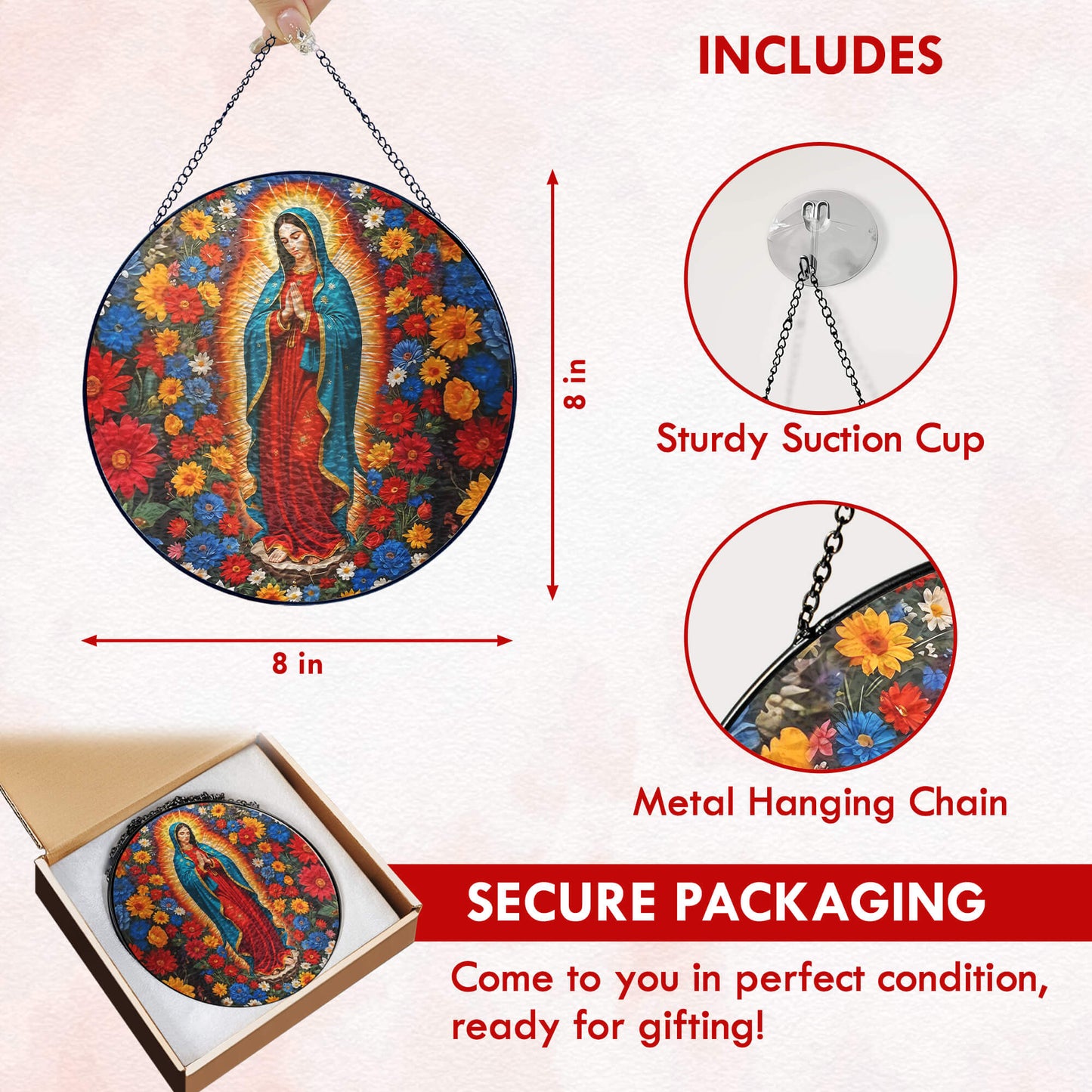 Stained Glass Suncatcher - Mary Christian Religious Hanging Ornament for Spiritual Home Garden Decor