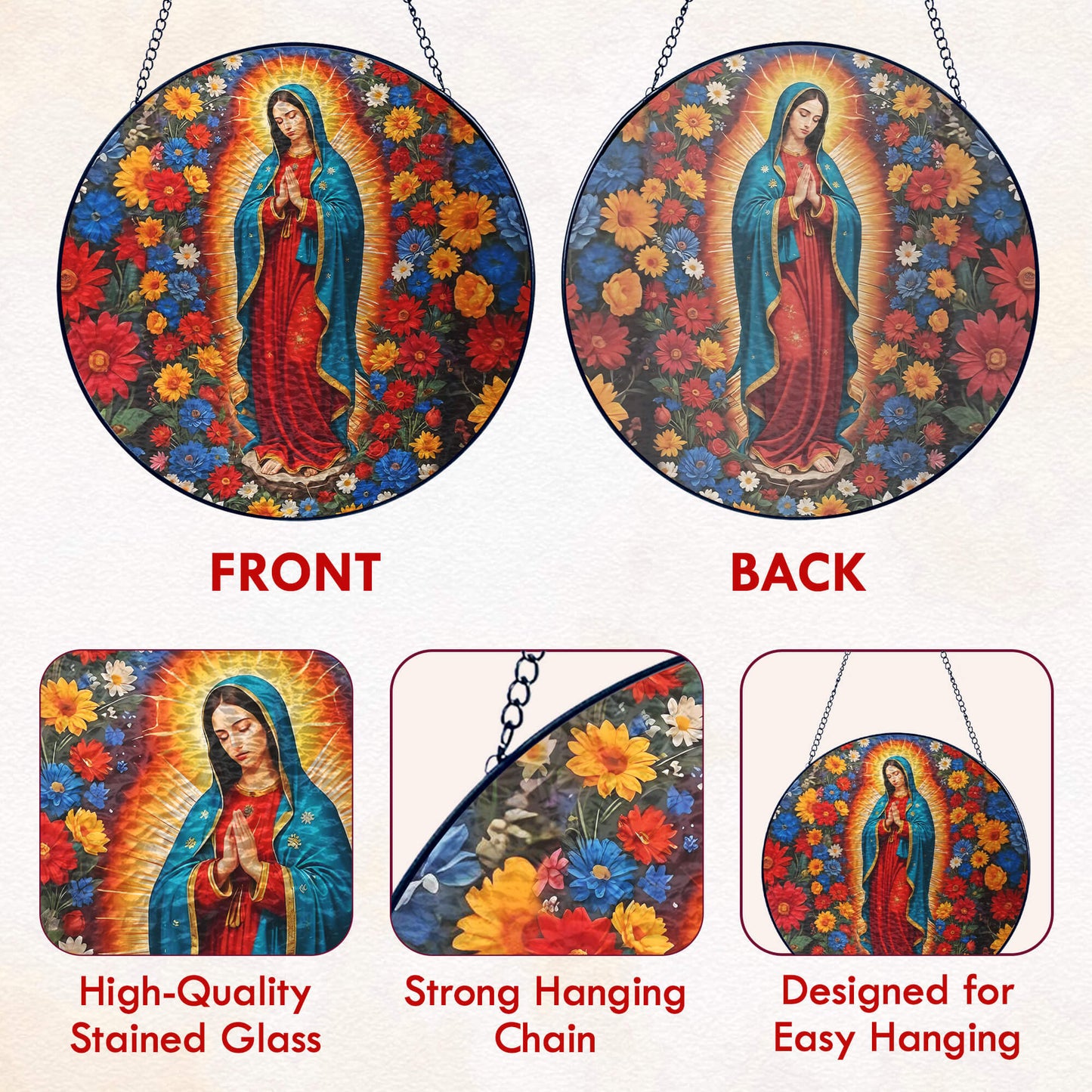 Stained Glass Suncatcher - Mary Christian Religious Hanging Ornament for Spiritual Home Garden Decor