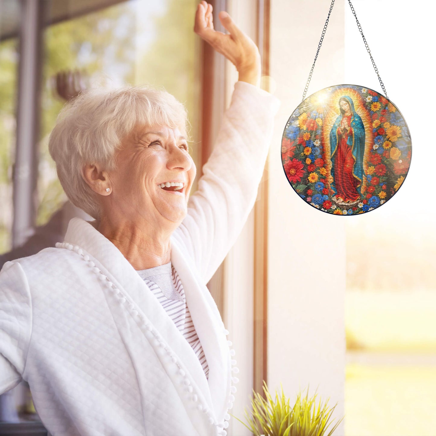Stained Glass Suncatcher - Mary Christian Religious Hanging Ornament for Spiritual Home Garden Decor