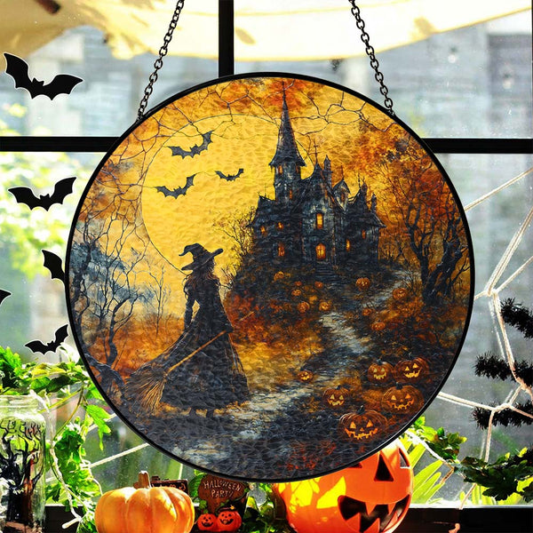 Halloween Stained Glass Suncatcher - Spooky Witch Window Hanging for Home Decor