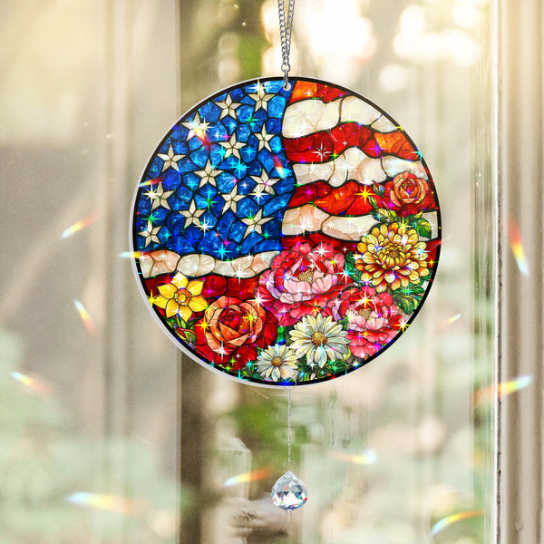 American Flag Flower Hologram Window Hanging VTM1489HVN