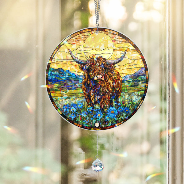Flowers Highland Cow Hologram Window Hanging VTM1492BQT