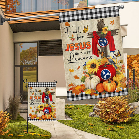 Tennessee State Fall Pumpkins Flag Fall For Jesus He Never Leaves Halloween Flag MLN1780Fv1