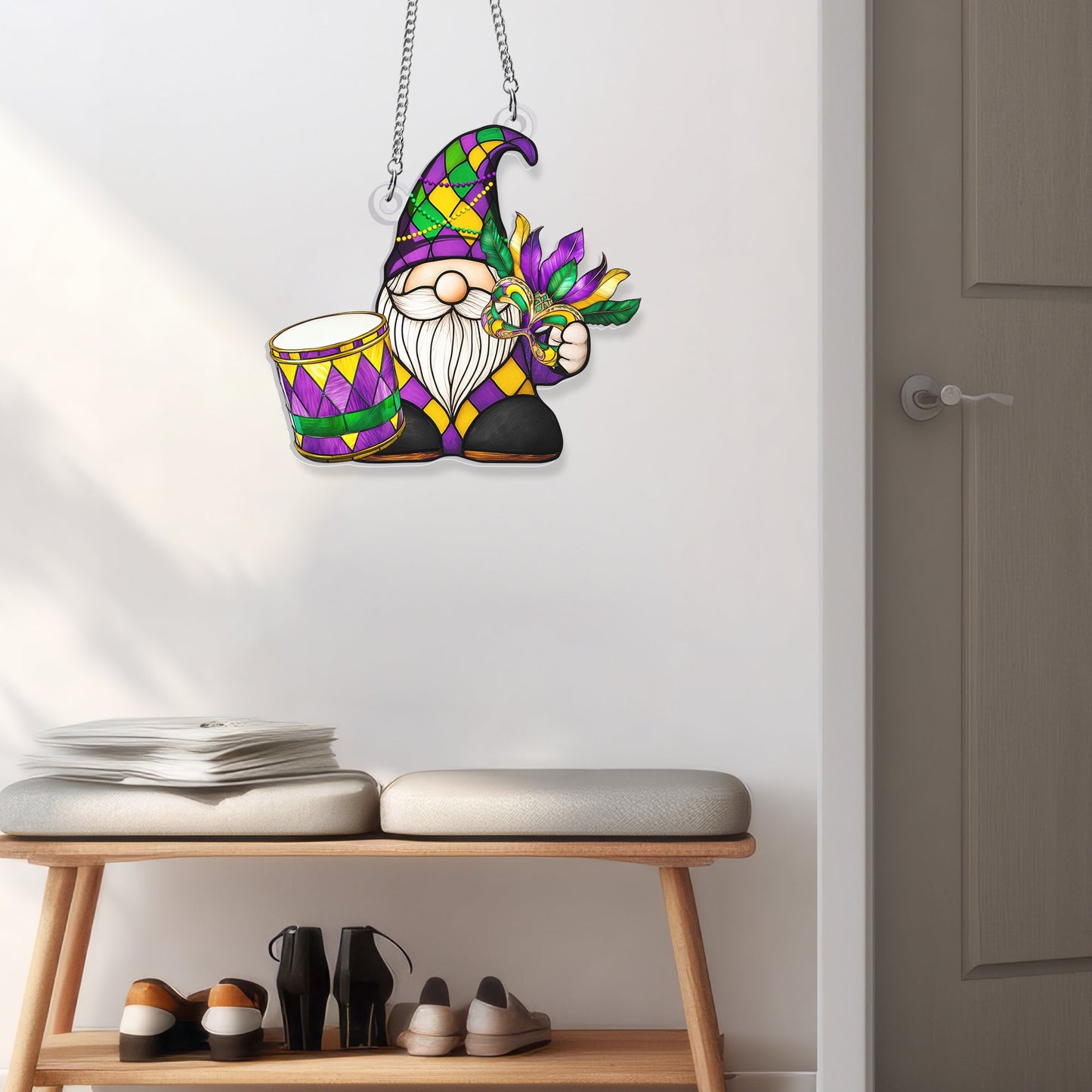Mardi Gras Gnome Suncatcher, Fat Tuesday Carnival Parade Acrylic Hanging Sign TQN4678AS