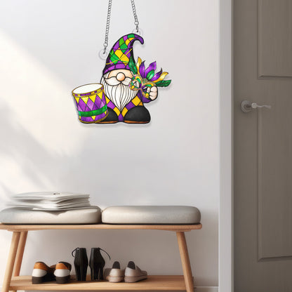 Mardi Gras Gnome Suncatcher, Fat Tuesday Carnival Parade Acrylic Hanging Sign TQN4678AS