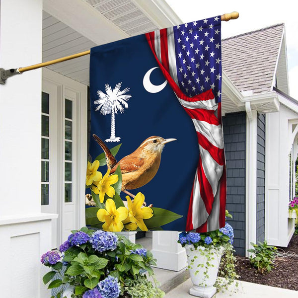 Flagwix American Flag - Carolina Wren Bird and Yellow Jessamine Flower, South Carolina American Flag TPT928Fv2