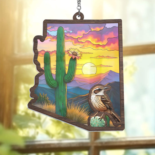 Arizona Cactus Wren and Saguaro Cactus Blossom  2 Layered Hanging Suncatcher TPT2163WHv3