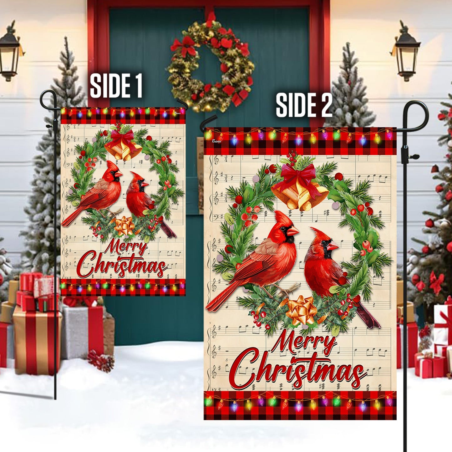 Cardinal Merry Christmas Cardinals in Wreath Flag MLN4099F