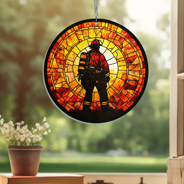 Firefighter Suncatcher 9/11 Memorial Acrylic Hanging Decor, Never Forget Hero Ornament, Patriotic Fireman Window Decoration For Patriot Day Tribute
