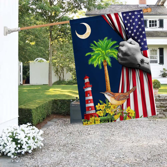 South Carolina American Flag Palmetto Tree and Moon. Carolina Wren Bird and Yellow Jessamine Flower MLN1613F