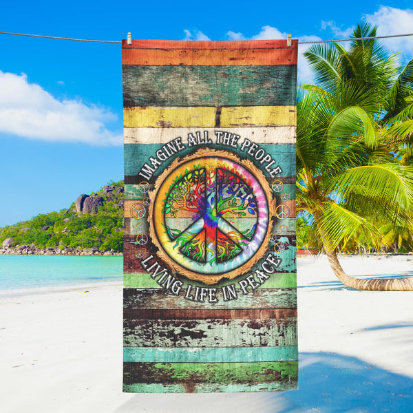 Hippie Peace Sign, Imagine All The People Living Life In Peace Beach Towel TPT2727NTH