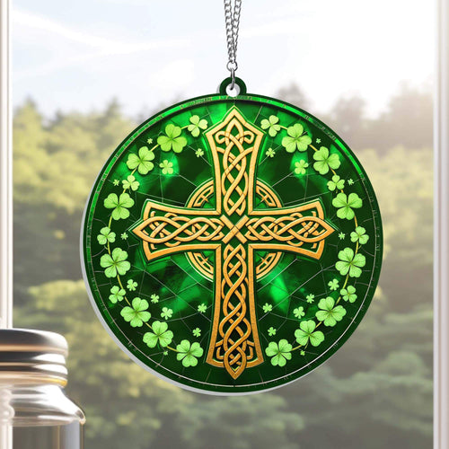 Irish Celtic Cross Shamrock St. Patrick's Day Acrylic Suncatcher Hanging Sign MLN5030AS