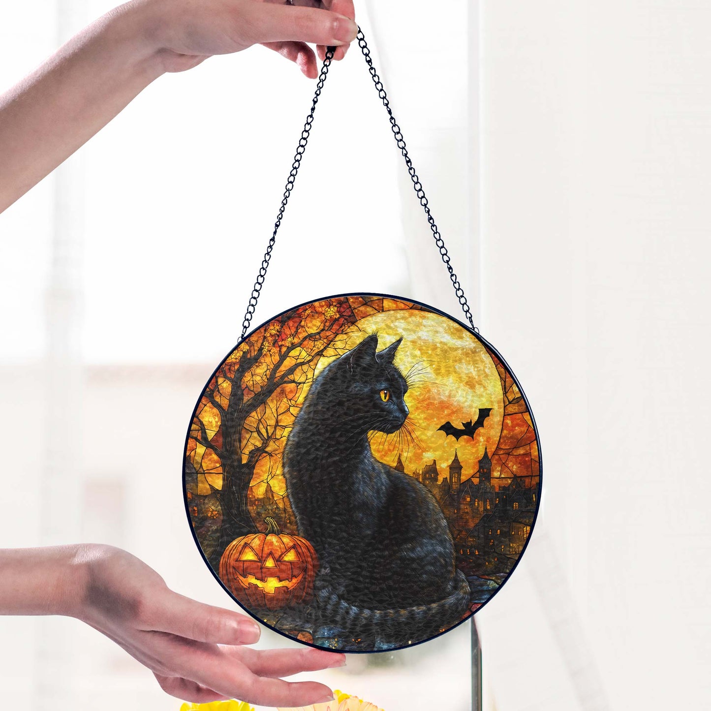 Black Cat Halloween Pumpkins Stained Glass Suncatcher MLN6311NGT