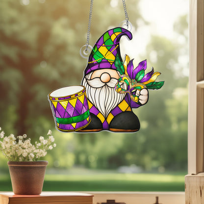 Mardi Gras Gnome Suncatcher, Fat Tuesday Carnival Parade Acrylic Hanging Sign TQN4678AS