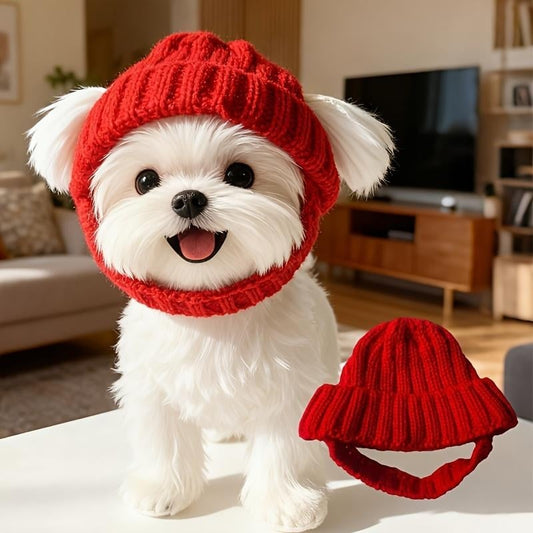 🔥LAST DAY 49% OFF - 🐾Red Wool Knit Dog Beanie with Ear Flaps – Warm Winter Hat