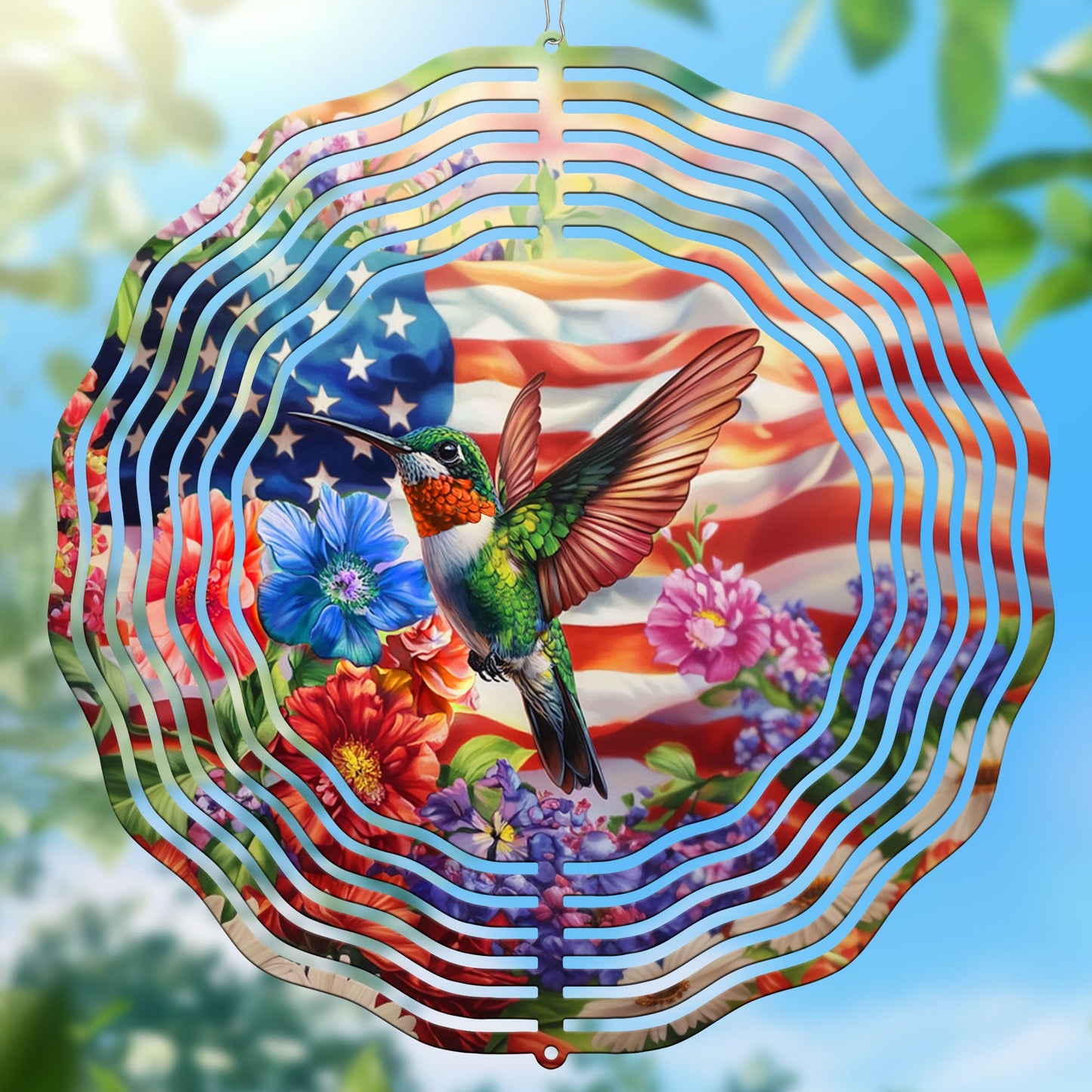 Hummingbird Flower With USA Flag Wind Spinner VTM1065HVN