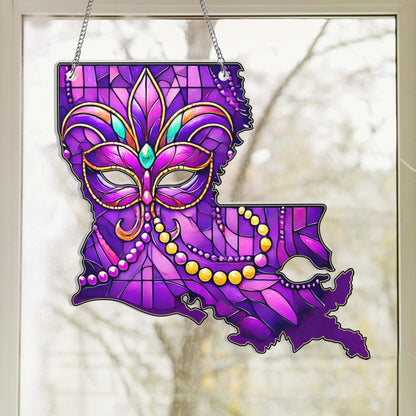 Louisiana Map Mardi Gras Suncatcher Acrylic Hanging Sign TQN4573AS