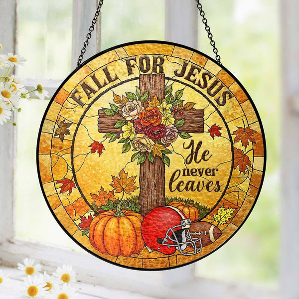 Fall Football Christian He Never Leaves Stained Glass Suncatcher VTM1626TNB