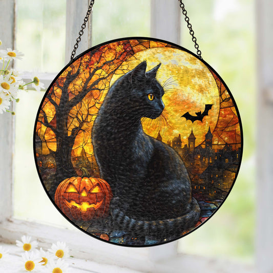 Black Cat Halloween Pumpkins Stained Glass Suncatcher MLN6311NGT