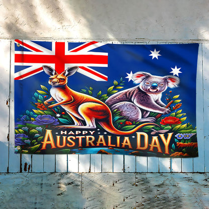 Australia Kangaroo and Koala Happy Australia Day Grommet Flag MLN2353GF