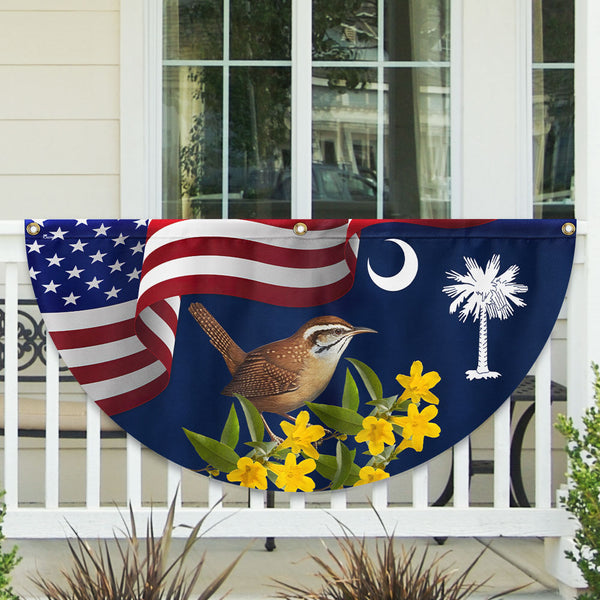 South Carolina Yellow Jessamine Flower and Carolina Wren Bird Non-Pleated Fan Flag MLN2637FL