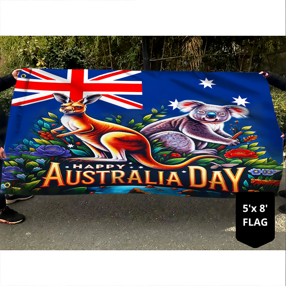 Australia Kangaroo and Koala Happy Australia Day Grommet Flag MLN2353GF