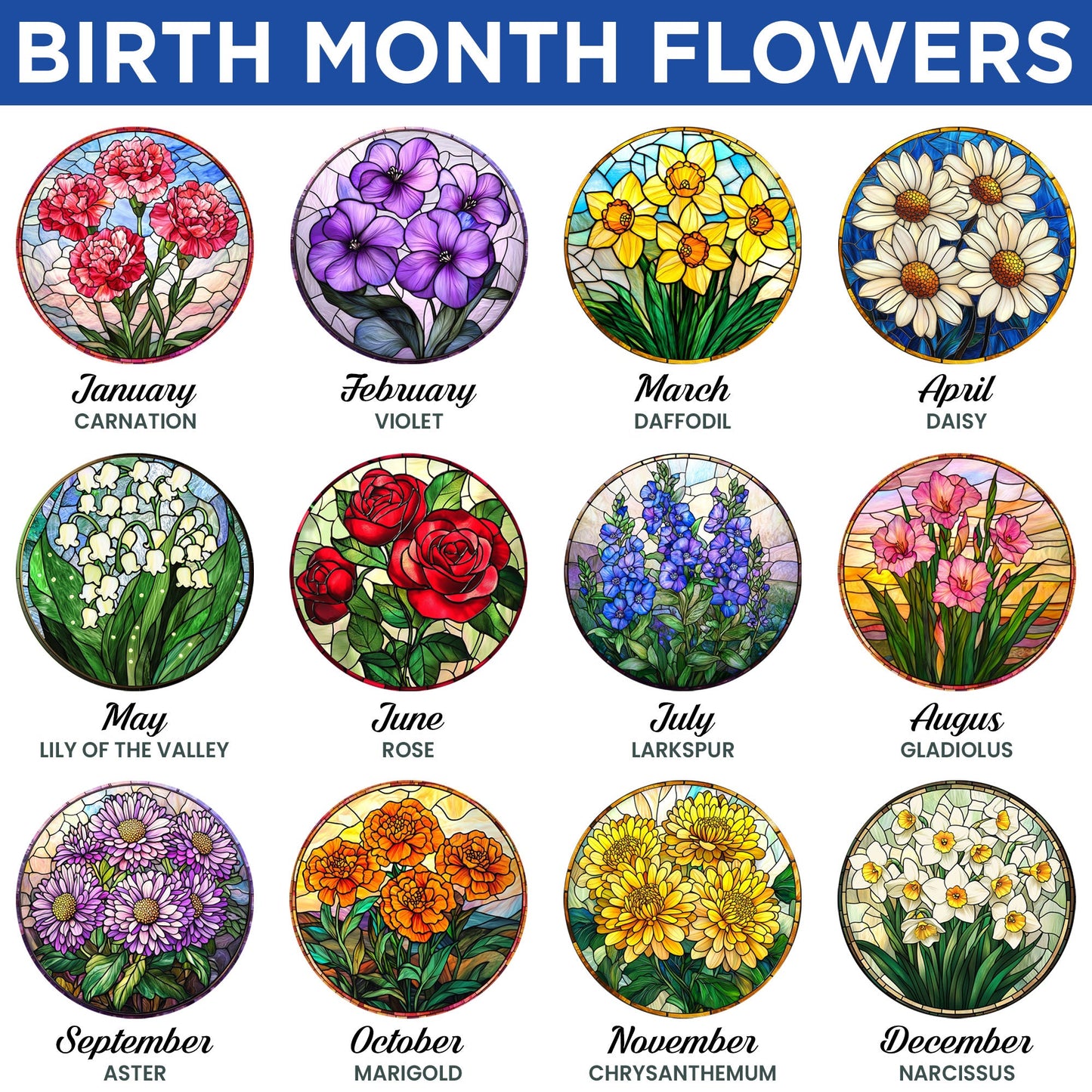 Personalized Birth Month Flowers Stained Glass Suncatcher TQN4882LTH