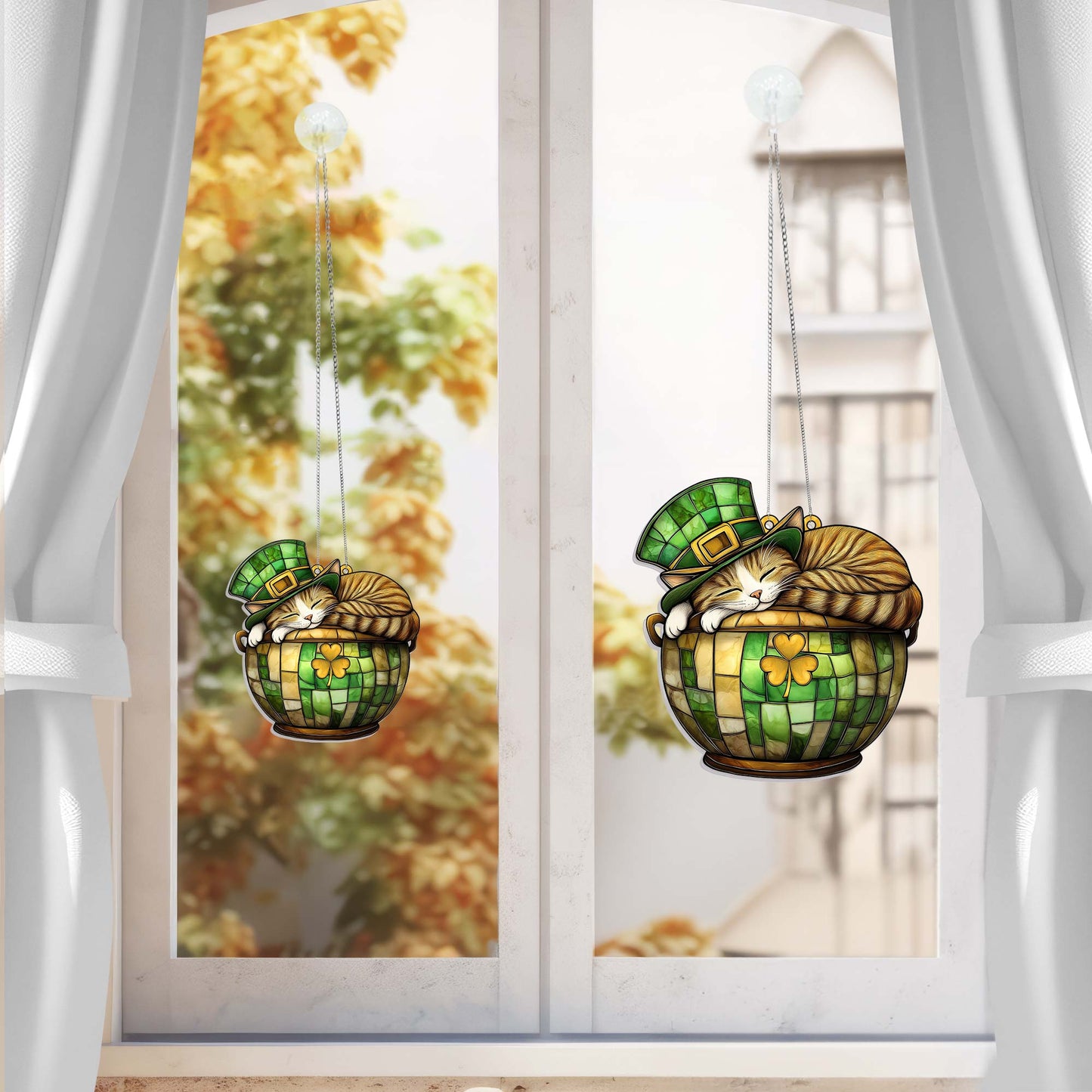 St. Patrick's Day Cat in Lucky Clover Pot Suncatcher Acrylic Hanging Sign MLN4770AS