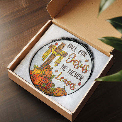 Jesus Cross Fall for Jesus He Never Leaves Thanksgiving Stained Glass Suncatcher MLN6278TMN