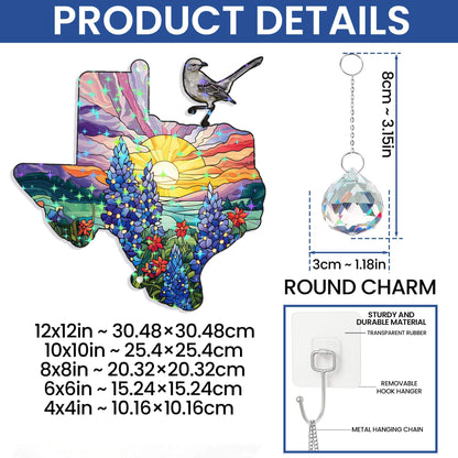 Texas with Northern Mockingbird and Bluebonnet, Texas Hologram Window Hanging TPT2759TNB