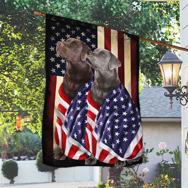 Chocolate And Silver Labrador Retriever Dogs American Patriot Flag Wrapped in Glory BNL40Fv65