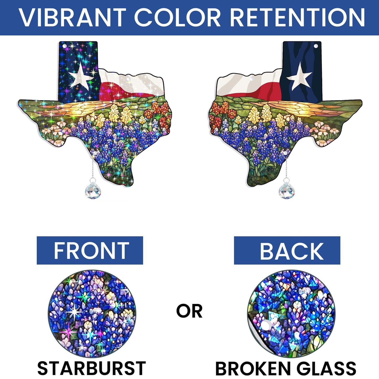 Texas Flag and Bluebonnets Flower Hologram Window Hanging VTM1526TNB